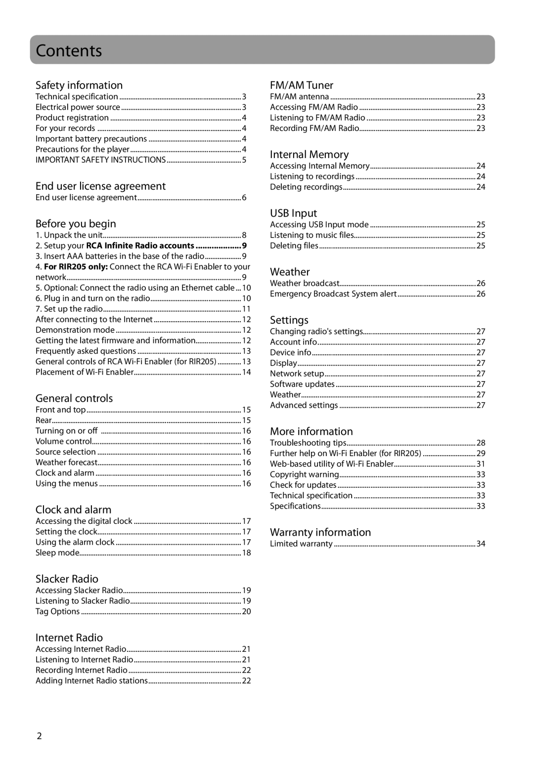 RCA RIR205 user manual Contents 