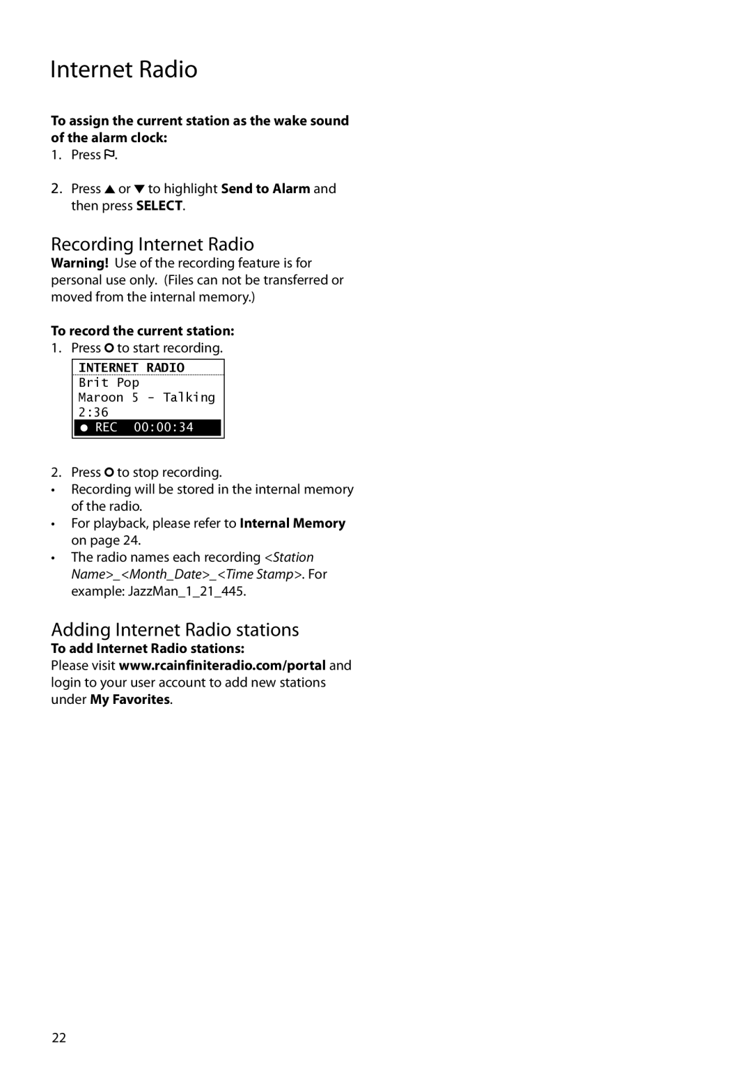 RCA RIR205 user manual Recording Internet Radio, Adding Internet Radio stations, To add Internet Radio stations 