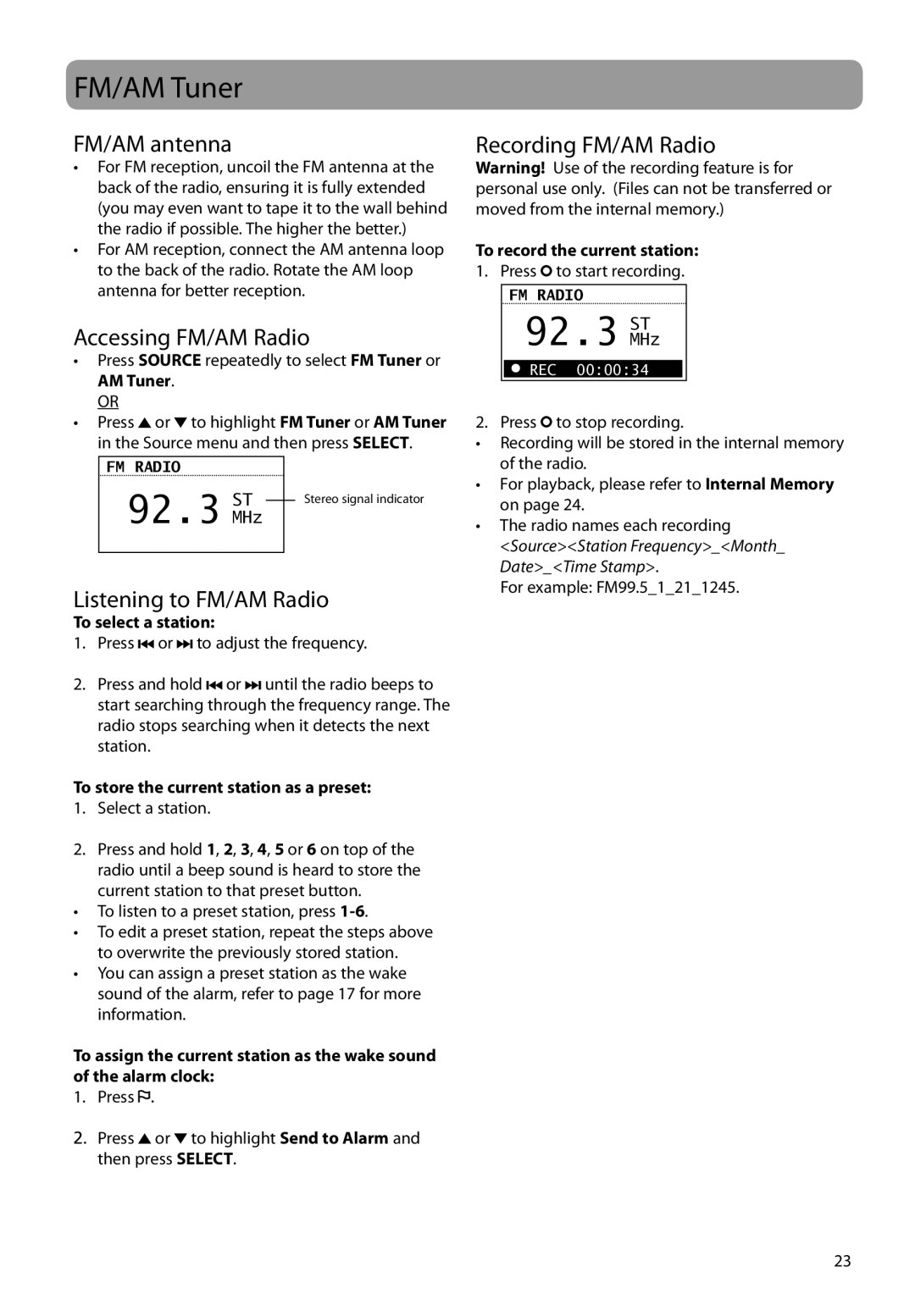 RCA RIR205 user manual FM/AM Tuner, FM/AM antenna, Accessing FM/AM Radio, Listening to FM/AM Radio, Recording FM/AM Radio 