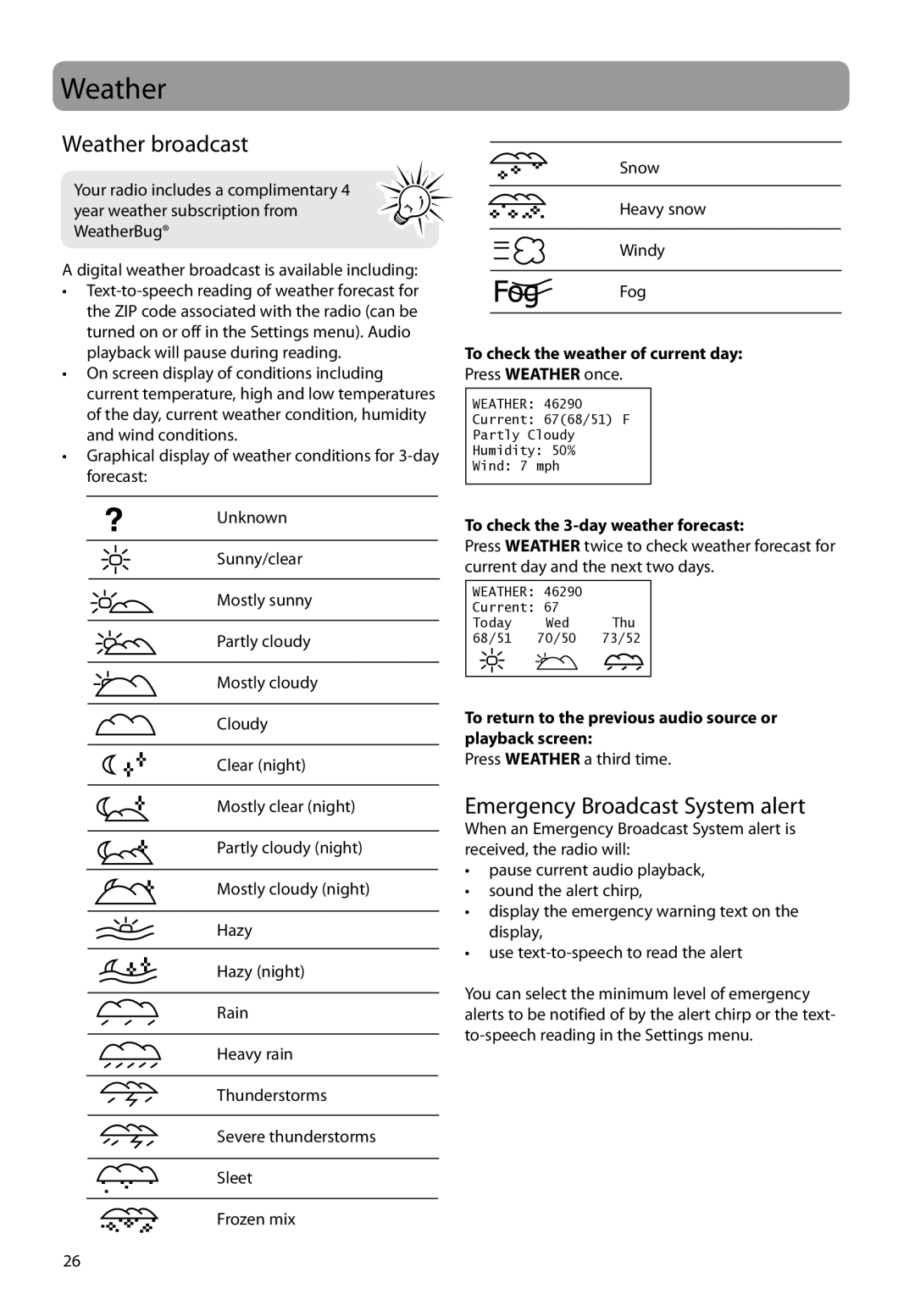 RCA RIR205 user manual Weather broadcast, Emergency Broadcast System alert 