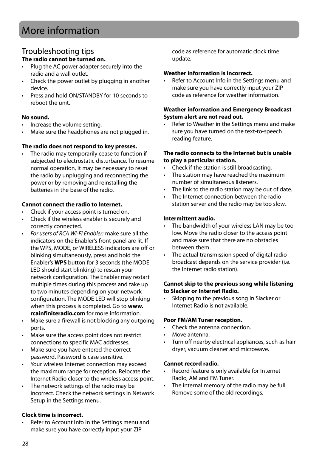 RCA RIR205 user manual More information, Troubleshooting tips 