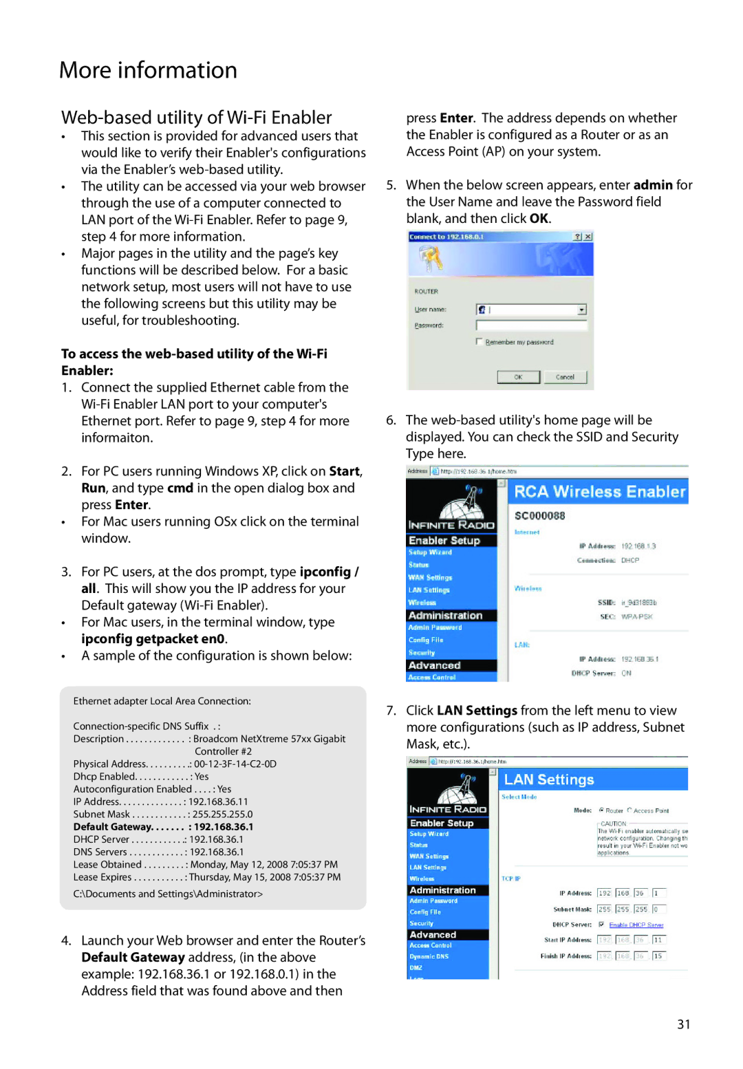 RCA RIR205 user manual Web-based utility of Wi-Fi Enabler, To access the web-based utility of the Wi-Fi Enabler 