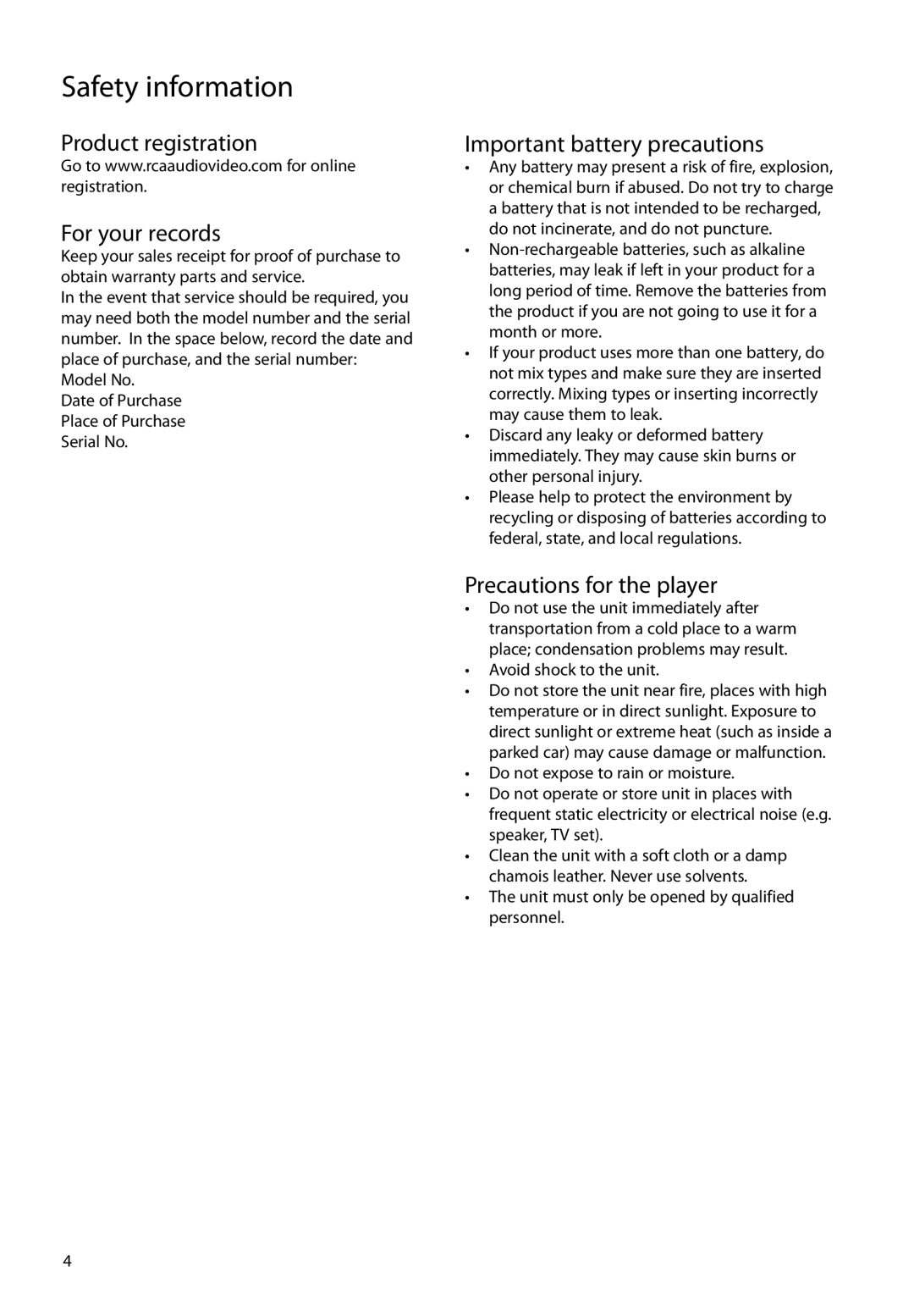 RCA RIR205 user manual Product registration For your records, Important battery precautions, Precautions for the player 