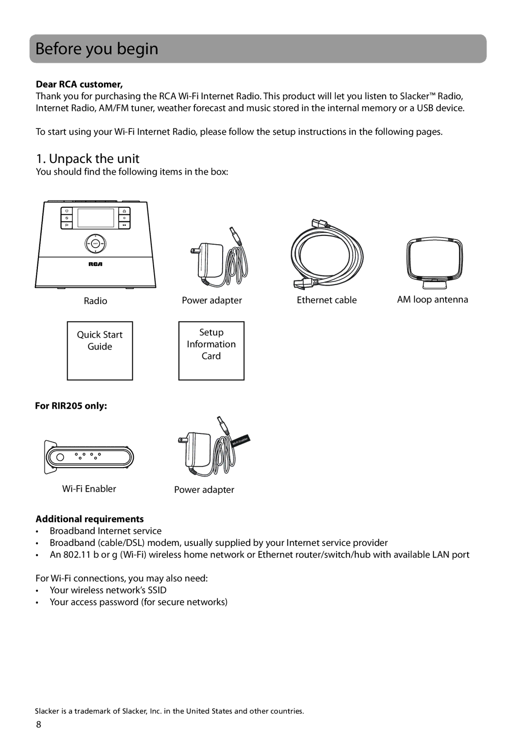 RCA user manual Before you begin, Unpack the unit, Dear RCA customer, For RIR205 only, Additional requirements 