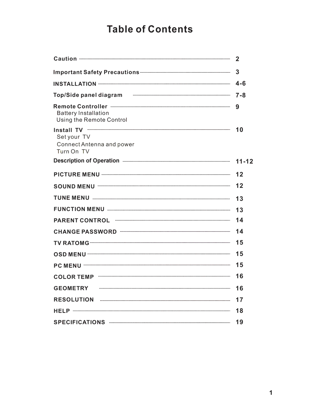 RCA RLC1909 instruction manual Table of Contents 