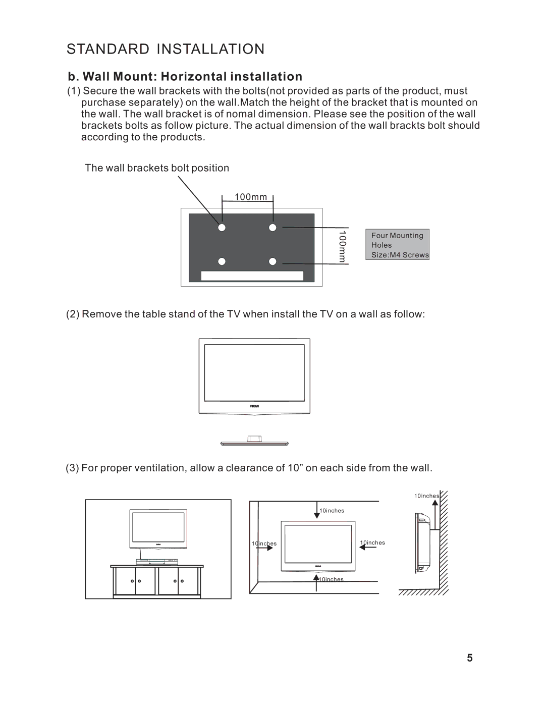 RCA RLC1909 instruction manual Wall Mount Horizontal installation 