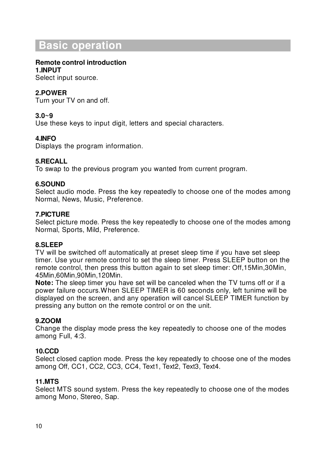 RCA RLC2226 manual Basic operation, Remote control introduction 1.INPUT, 10.CCD, 11.MTS 