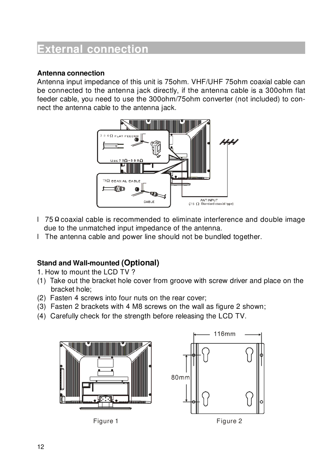 RCA RLC2226 manual External connection, Antenna connection, Stand and Wall-mounted Optional 