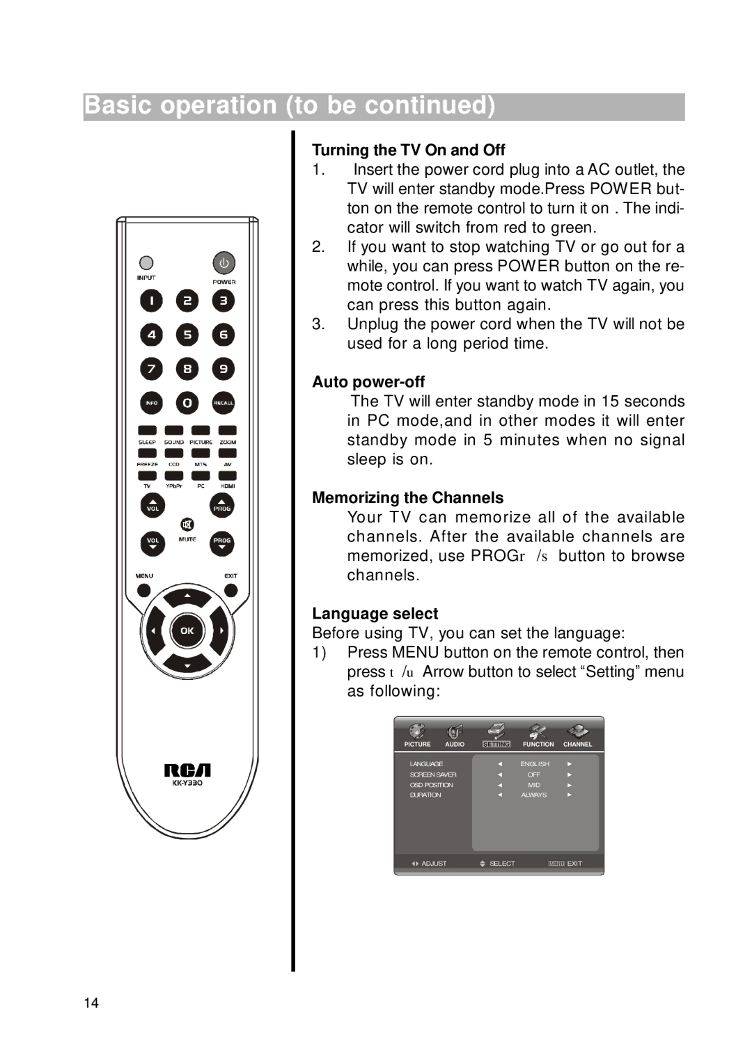 RCA RLC2226 manual Turning the TV On and Off, Auto power-off, Memorizing the Channels, Language select 