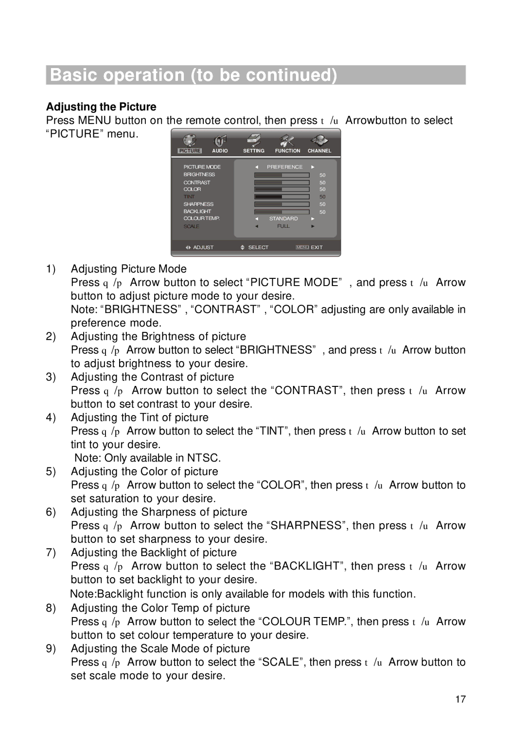 RCA RLC2226 manual Adjusting the Picture, Audio Setting Function Channel 