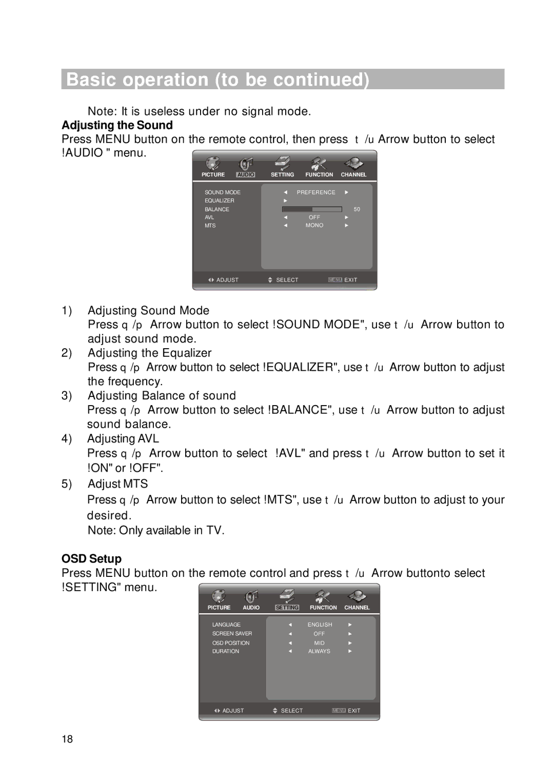 RCA RLC2226 manual Adjusting the Sound, OSD Setup, Setting Function Channel, Picture Audio 