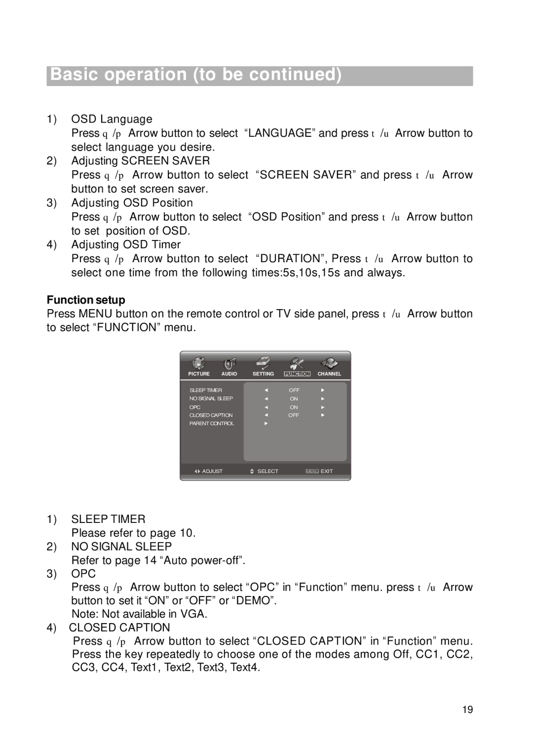 RCA RLC2226 manual Function setup, Picture Audio Setting 