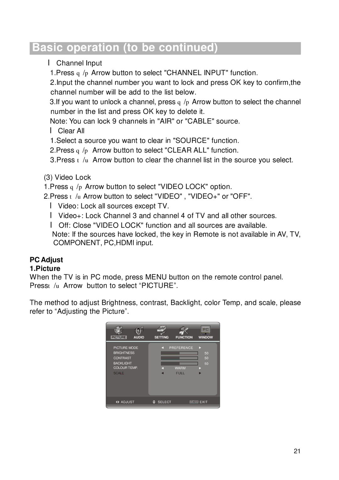 RCA RLC2226 manual PC Adjust 1.Picture, Audio Setting Function Window 