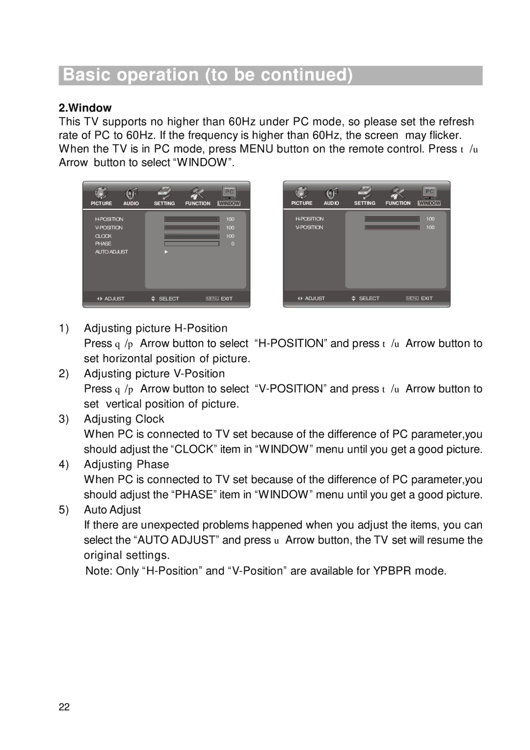 RCA RLC2226 manual Picture Audio Setting Function Window 