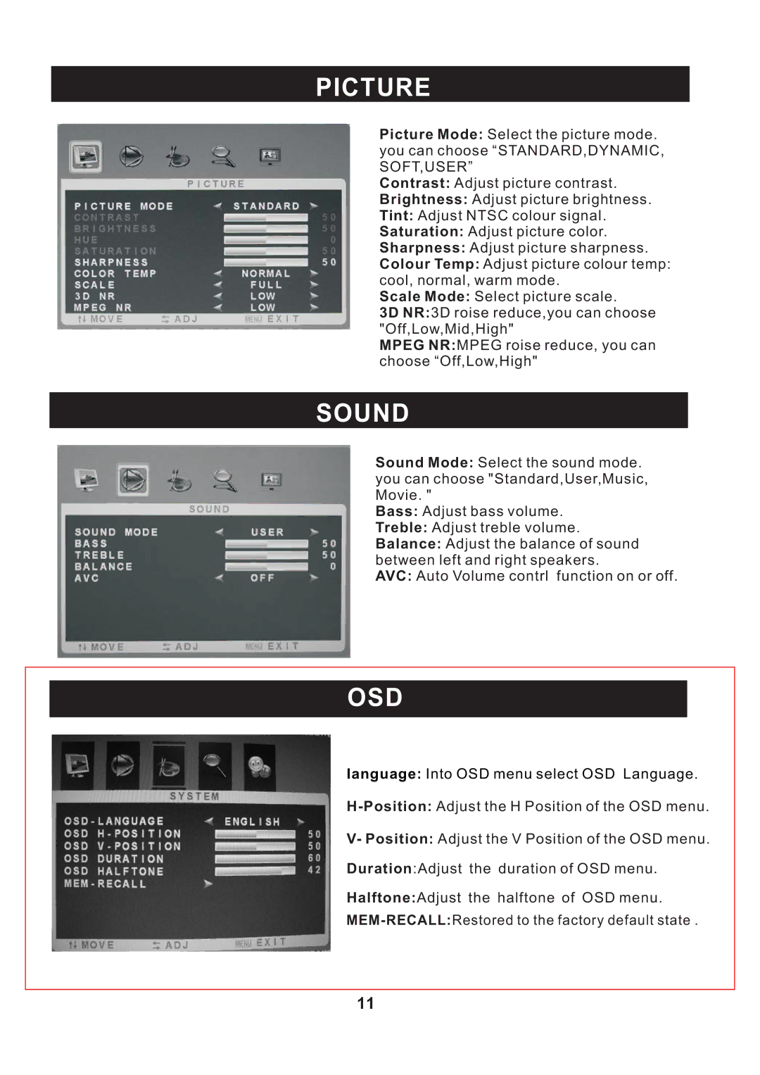 RCA RLC2609 instruction manual Picture, Sound, Osd 