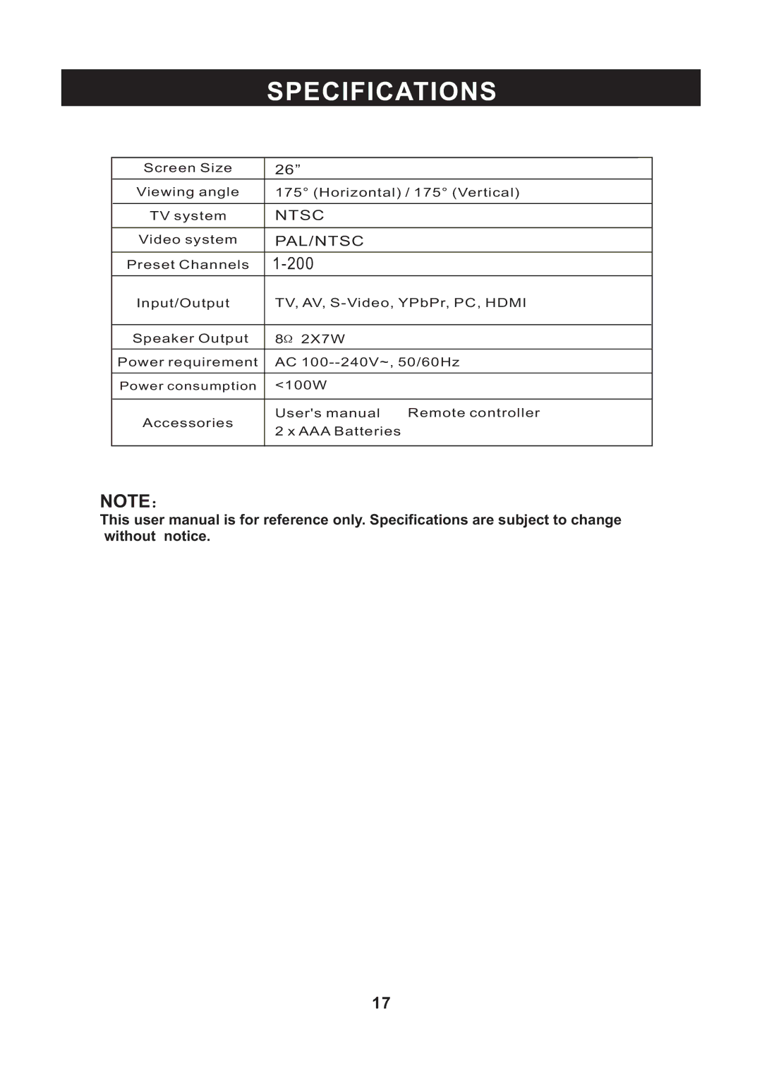 RCA RLC2609 instruction manual Specifications, 200 