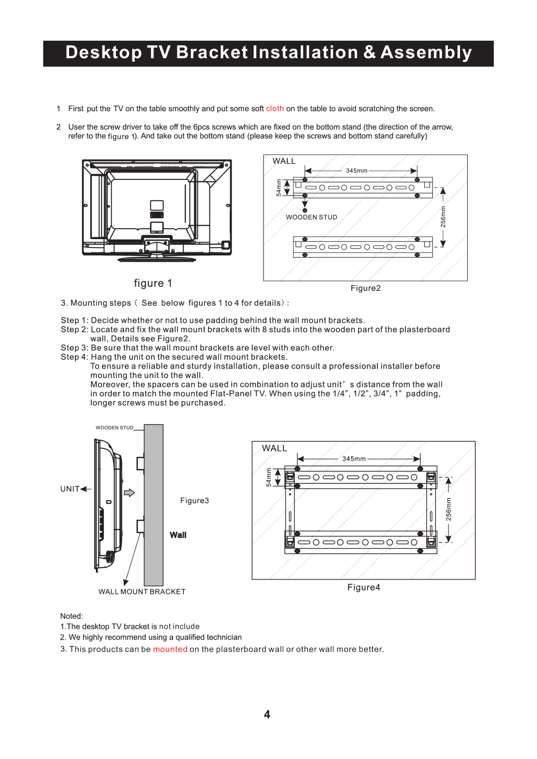 RCA RLC2609 instruction manual Desktop TV Bracket Installation & Assembly 