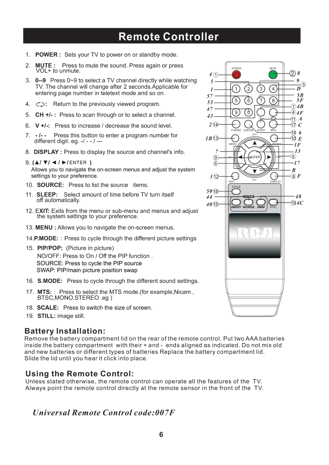 RCA RLC2609 instruction manual Remote Controller, Battery Installation 