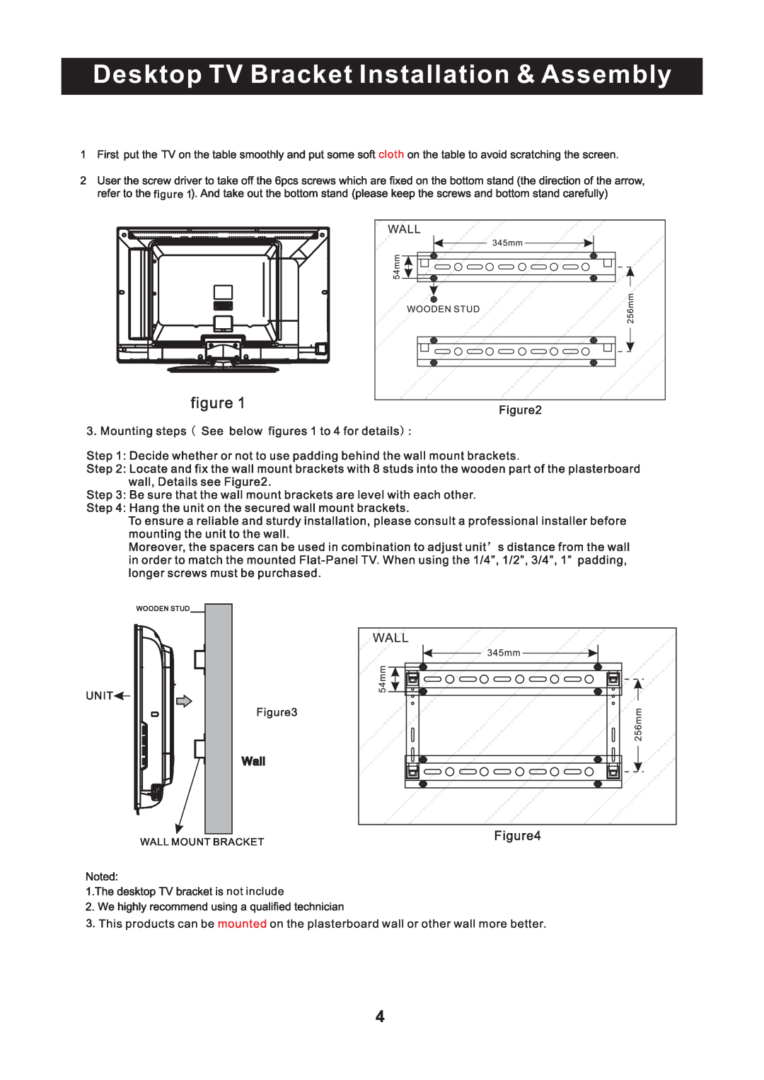 RCA RLC2609 instruction manual Desktop TV Bracket Installation & Assembly, cloth, not include 