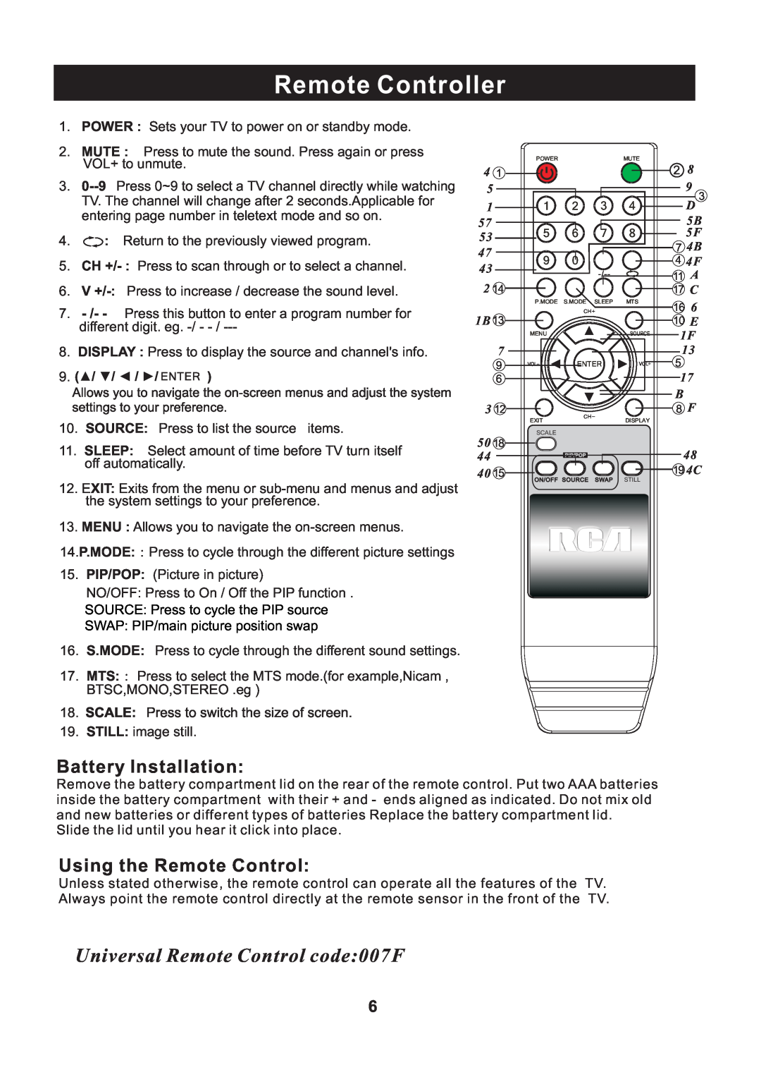 RCA RLC2609 Remote Controller, Battery Installation, Using the Remote Control, Universal Remote Control code007F 