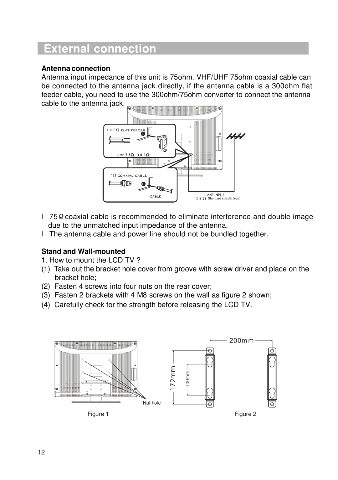 RCA RLC2626 manual External connection, Antenna connection, Stand and Wall-mounted 