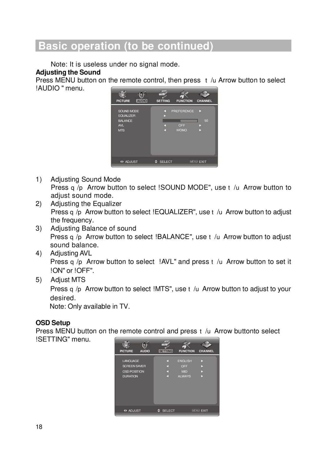 RCA RLC2626 manual Adjusting the Sound, OSD Setup 