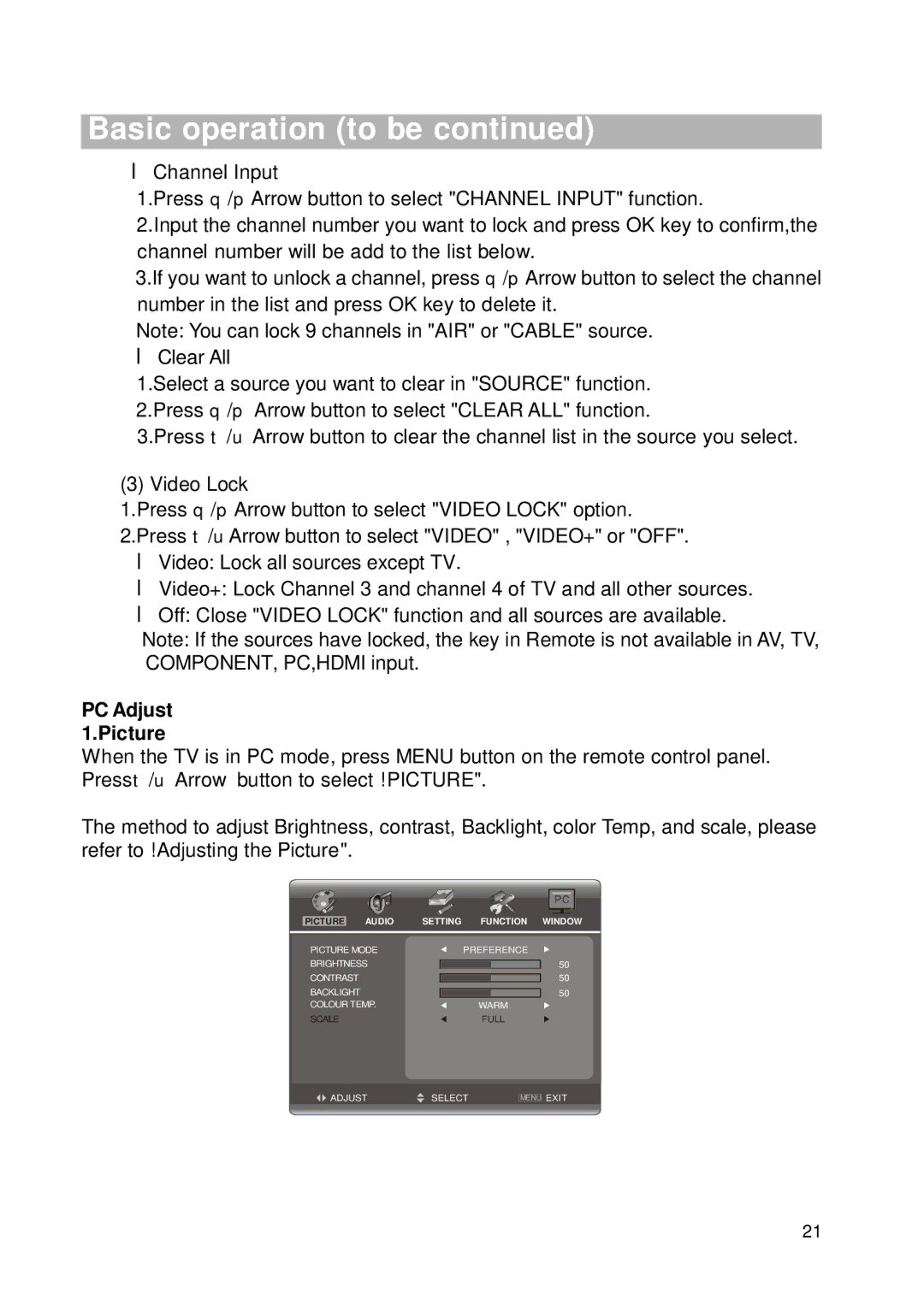 RCA RLC2626 manual PC Adjust 1.Picture, Audio Setting Function Window 