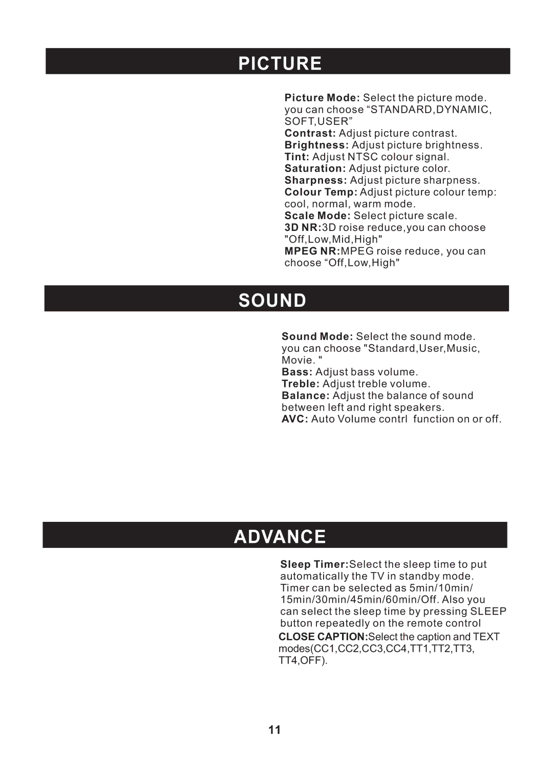 RCA RLC3209 instruction manual Picture, Sound, Advance 