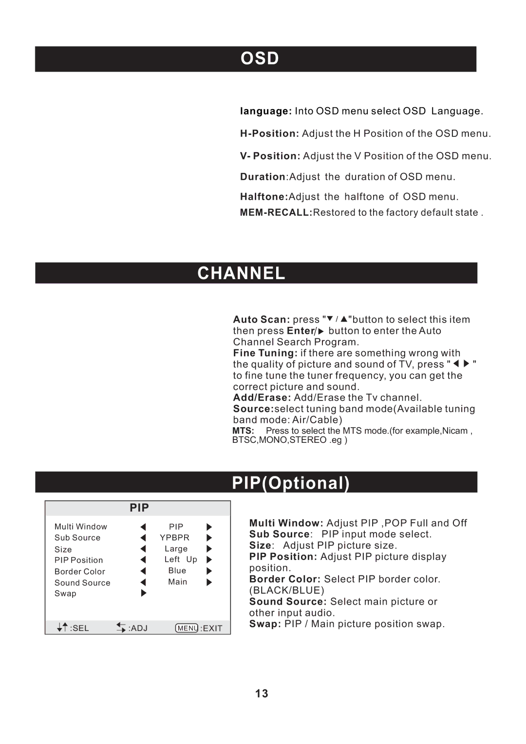 RCA RLC3209 instruction manual Osd, Channel, PIPOptional 