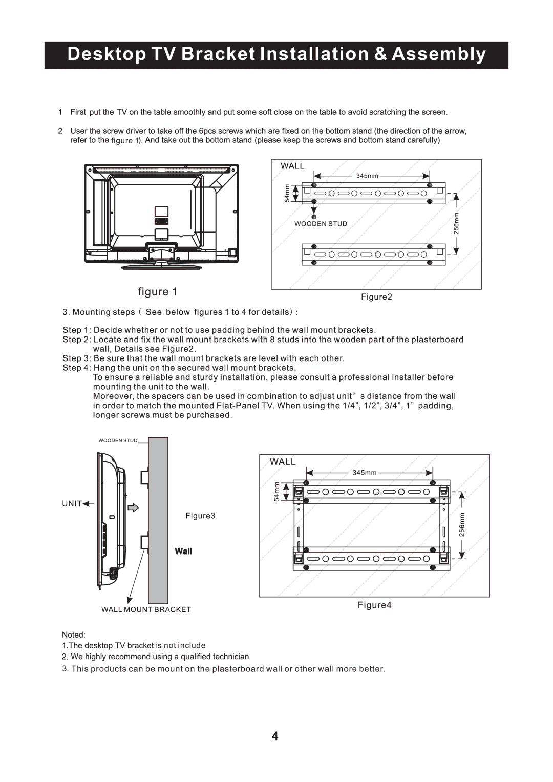 RCA RLC3209 instruction manual Desktop TV Bracket Installation & Assembly 