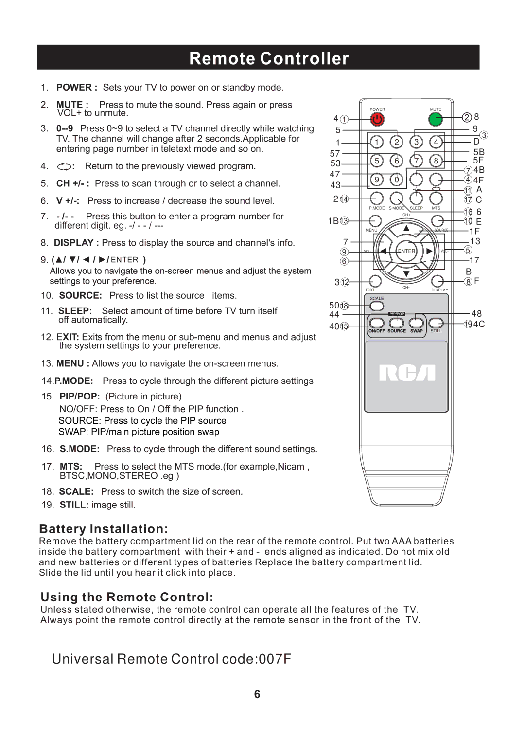 RCA RLC3209 instruction manual Remote Controller, Battery Installation 