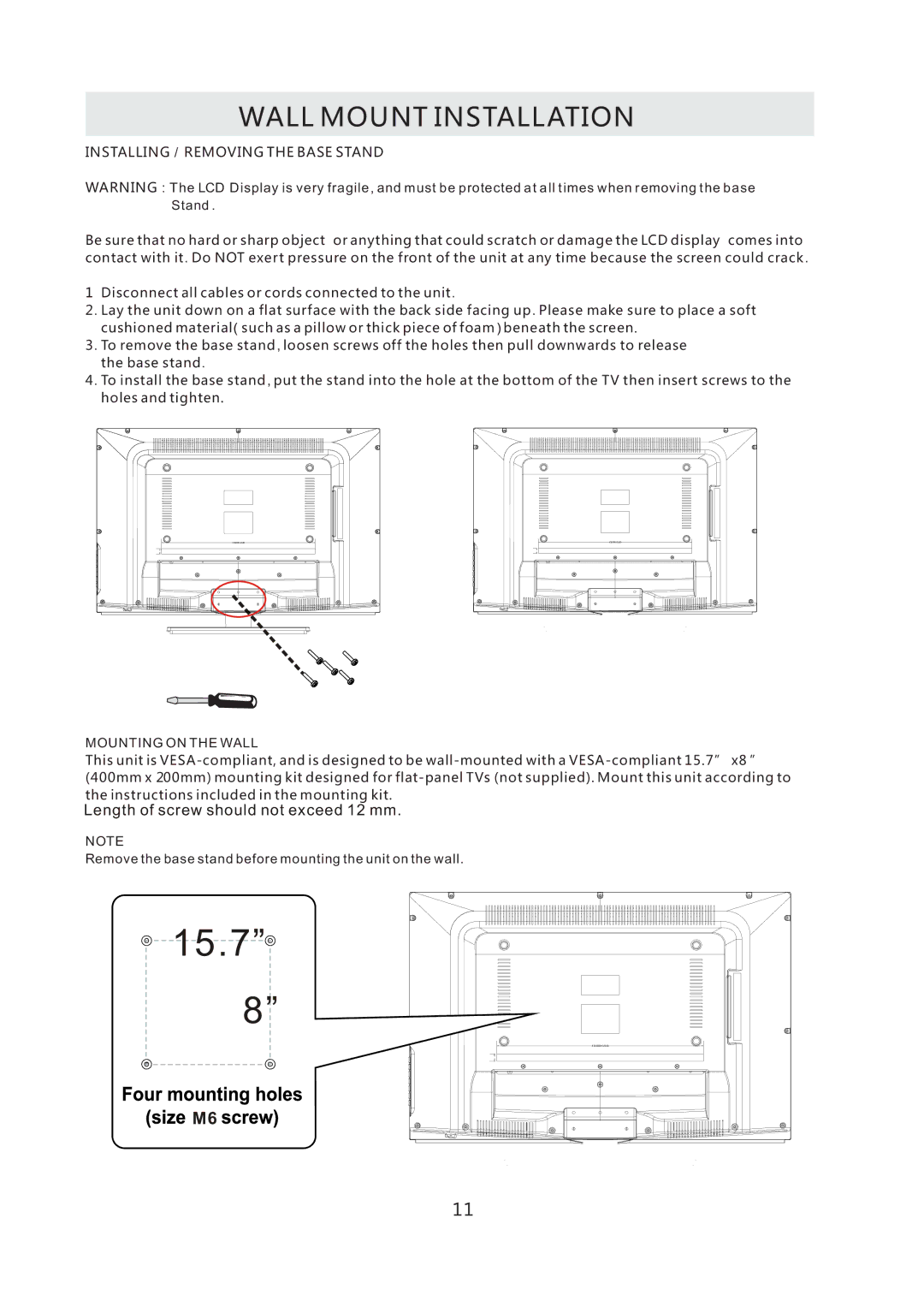 RCA RLC3255A-B instruction manual Wall Mount Installation, Installing / Removing the Base Stand 