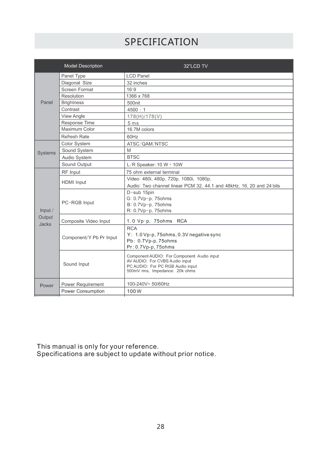 RCA RLC3255A-B instruction manual Specification, 32LCD TV 