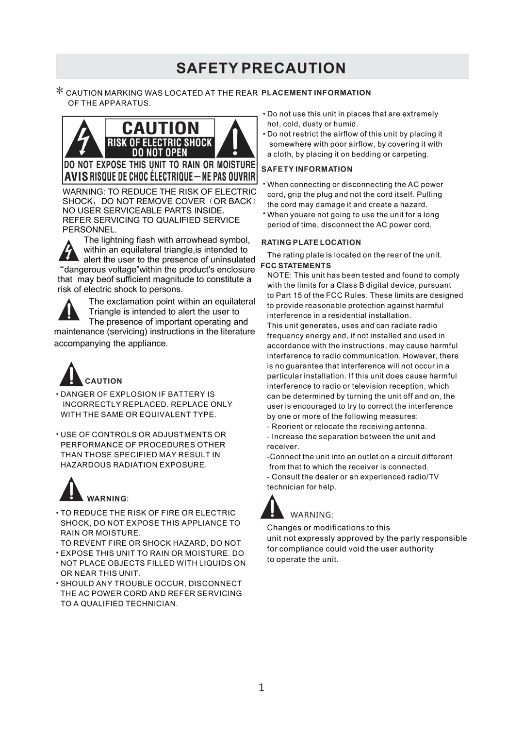 RCA RLC3255A-B instruction manual Safety Precaution, Refer Servicing to Qualified Service Personnel 