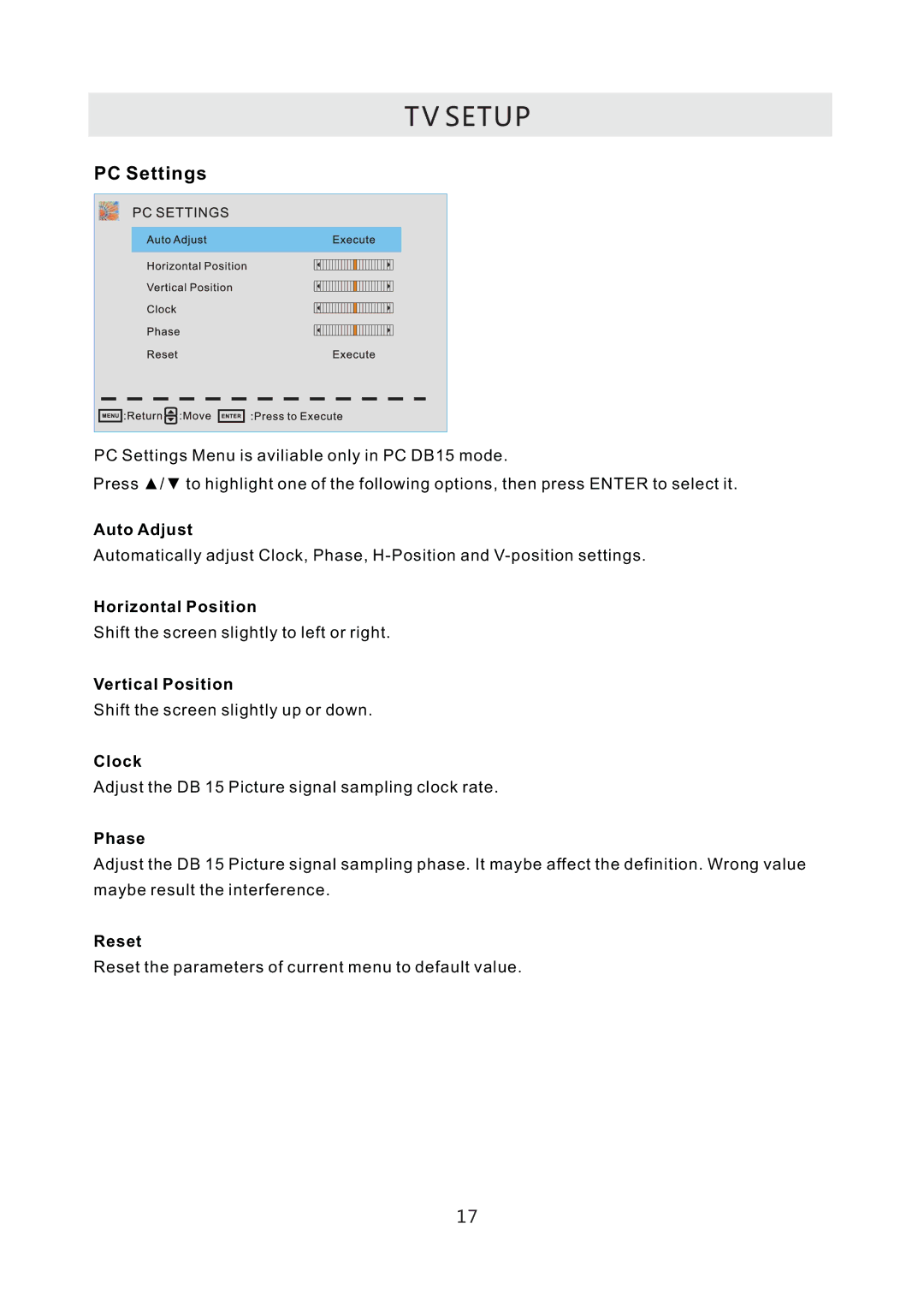 RCA RLC3708A-B manual Auto Adjust, Horizontal Position, Vertical Position, Clock, Phase, Reset 