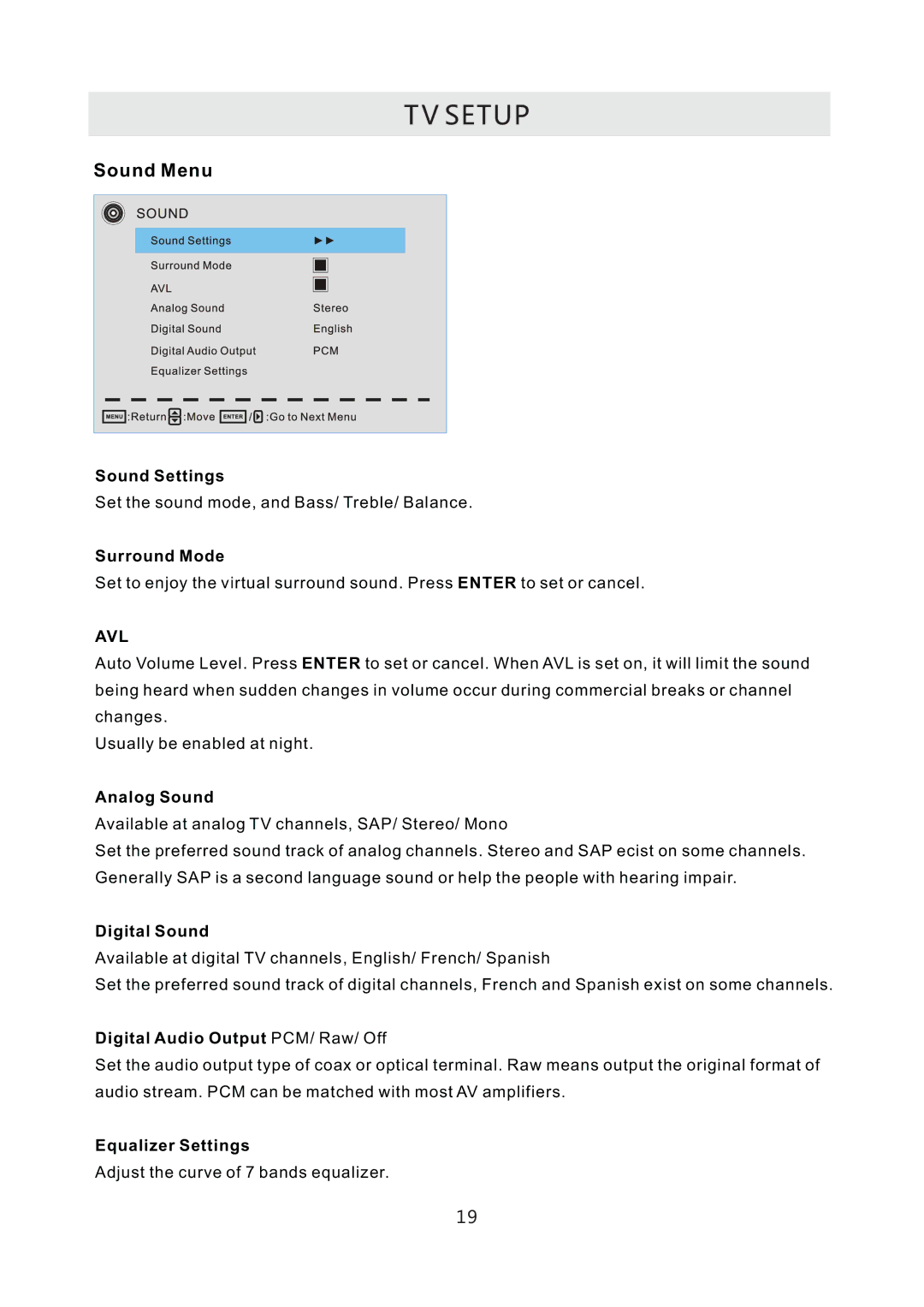 RCA RLC3708A-B manual Sound Settings, Surround Mode, Analog Sound, Digital Sound, Digital Audio Output PCM/ Raw/ Off 