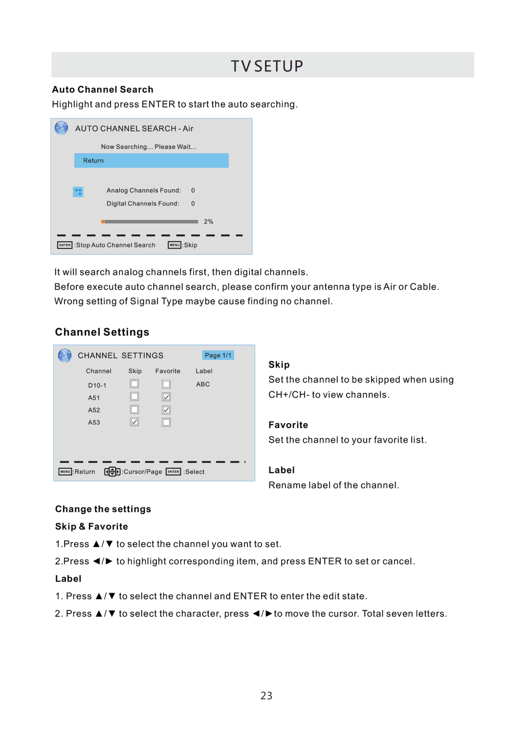 RCA RLC3708A-B manual Channel Settings 