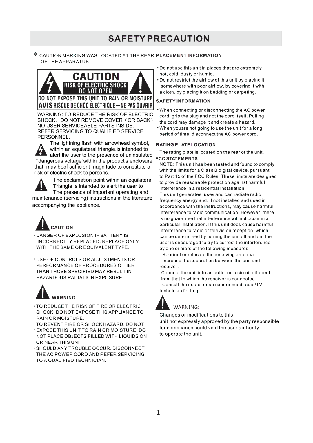 RCA RLC3708A-B manual Safety Precaution 