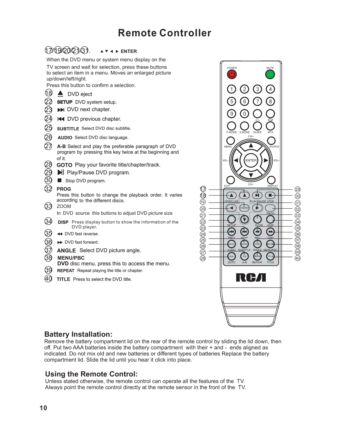 RCA RLCVD1924 instruction manual Battery Installation 