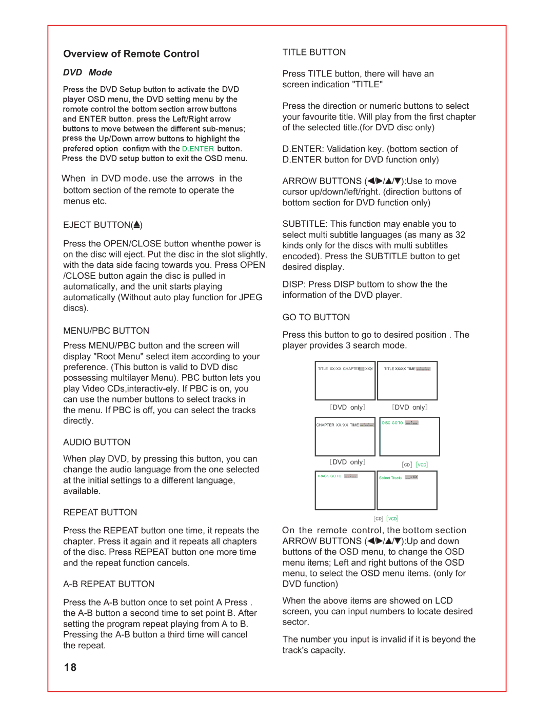 RCA RLCVD1924 instruction manual Overview of Remote Control 