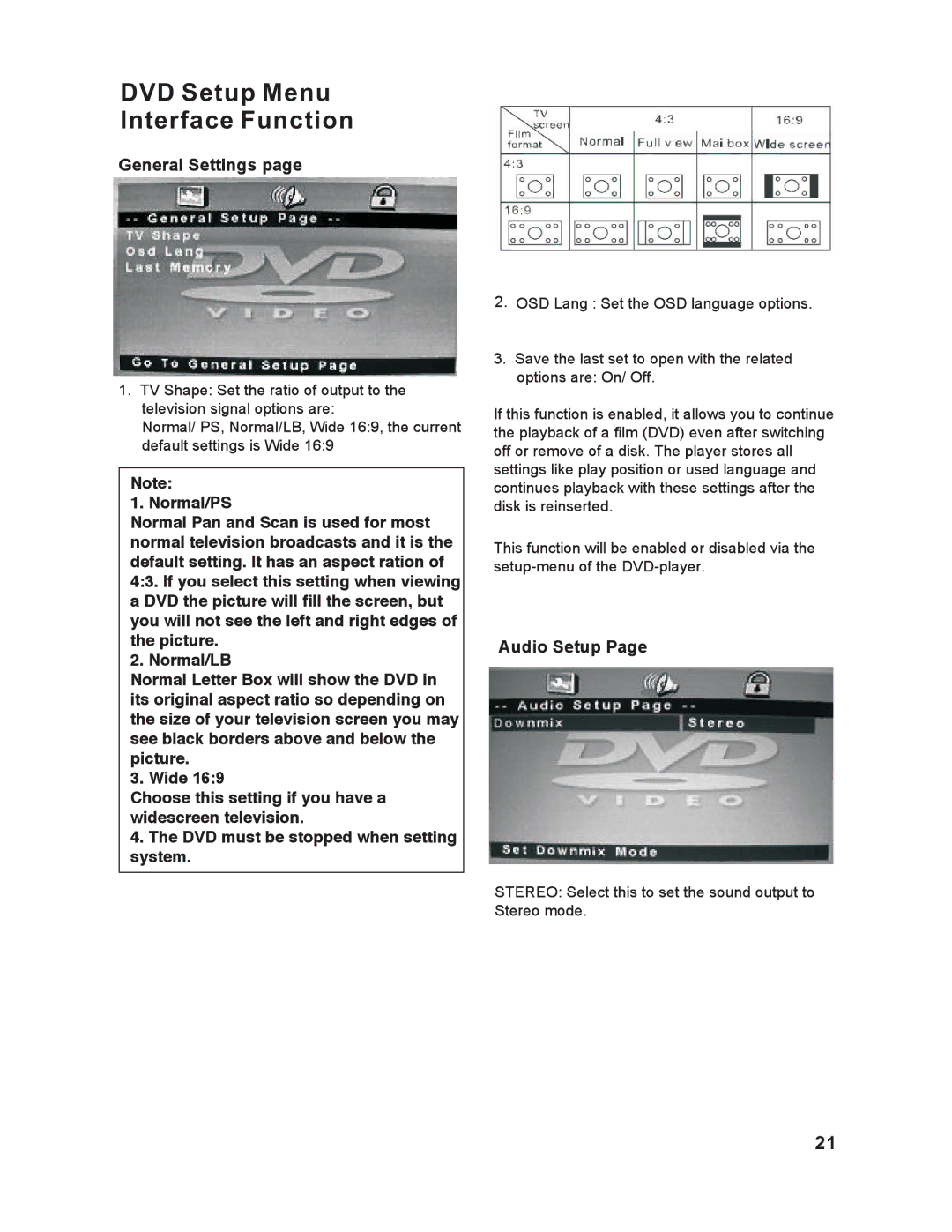 RCA RLCVD1924 instruction manual DVD Setup Menu Interface Function 