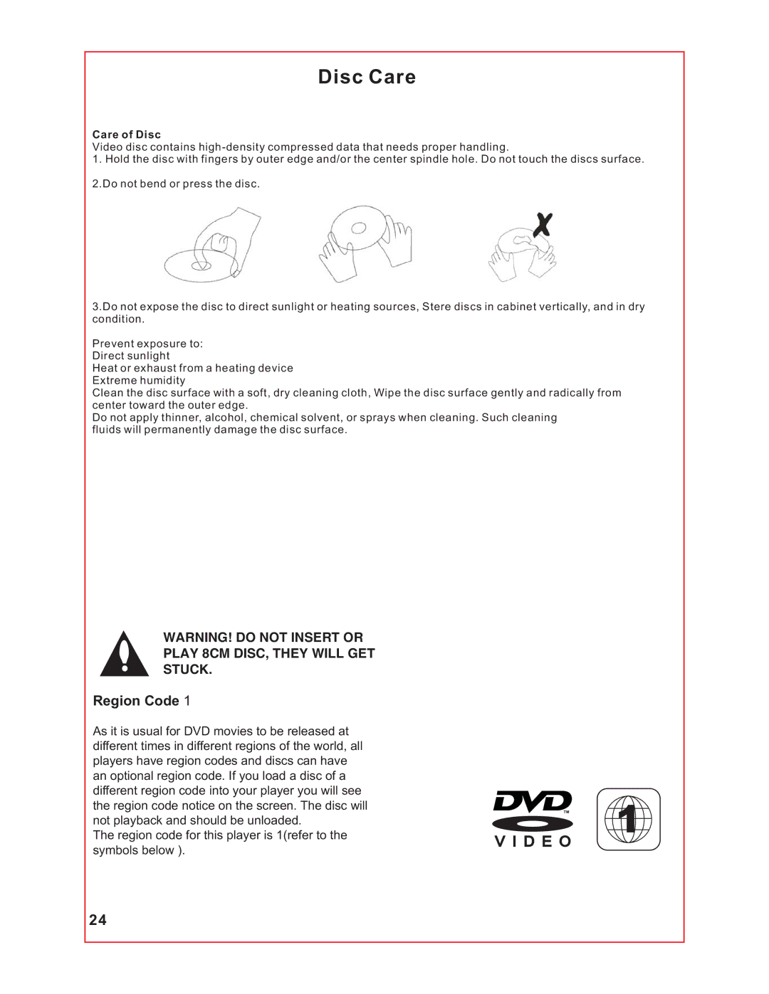 RCA RLCVD1924 instruction manual Disc Care 