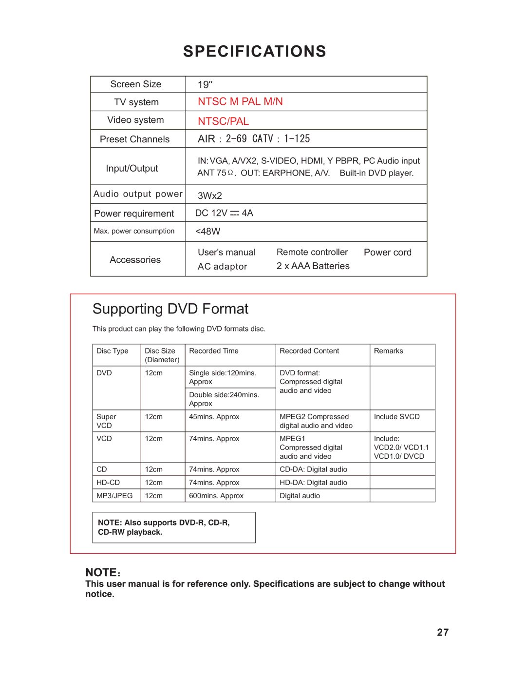 RCA RLCVD1924 instruction manual Specifications 