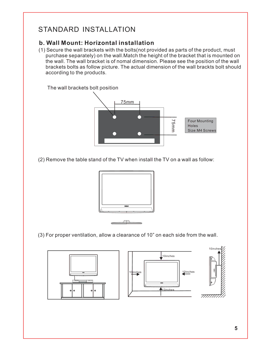 RCA RLCVD1924 instruction manual Wall Mount Horizontal installation 