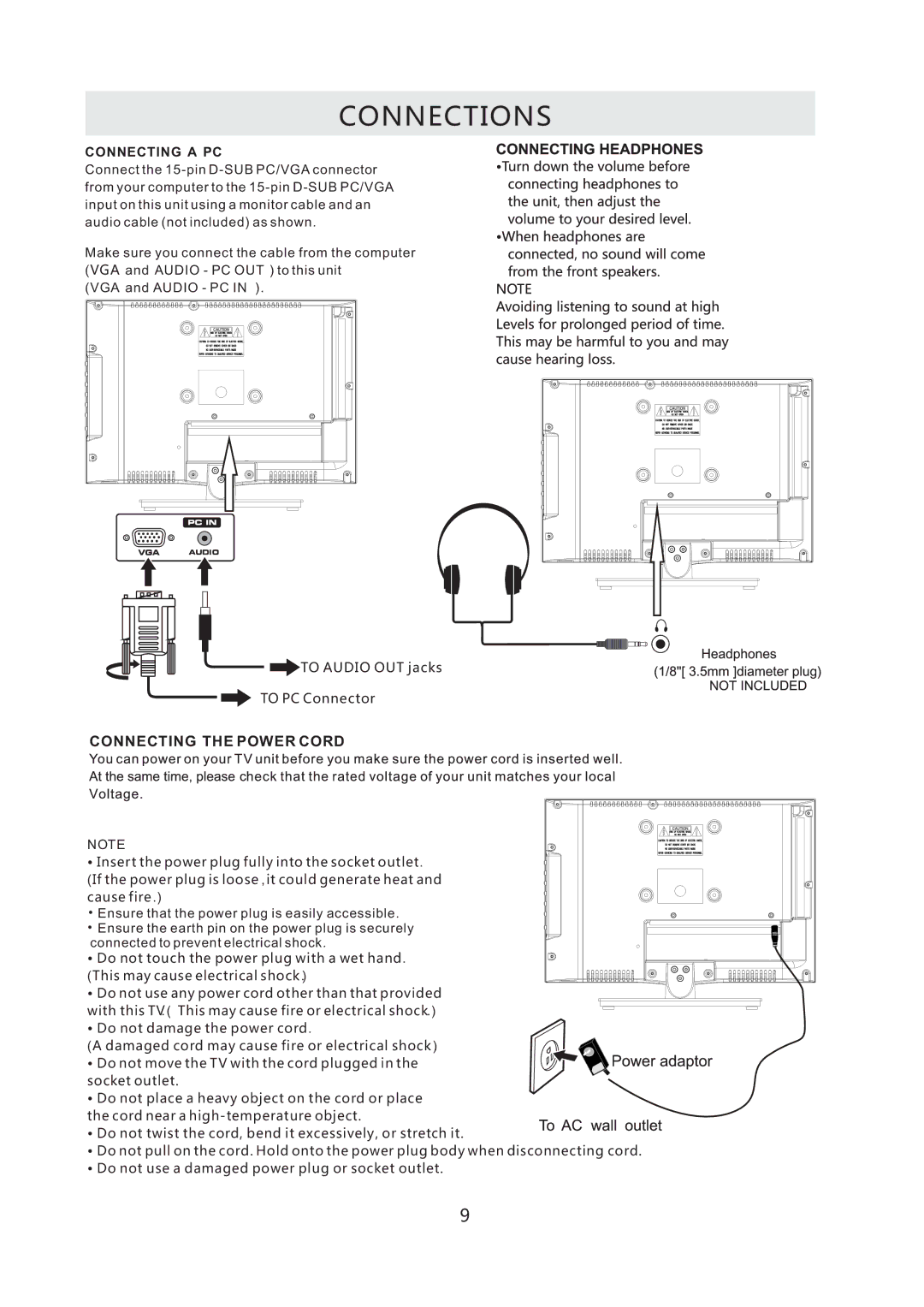 RCA RLED1530-WHITE instruction manual Connecting the Power Cord 