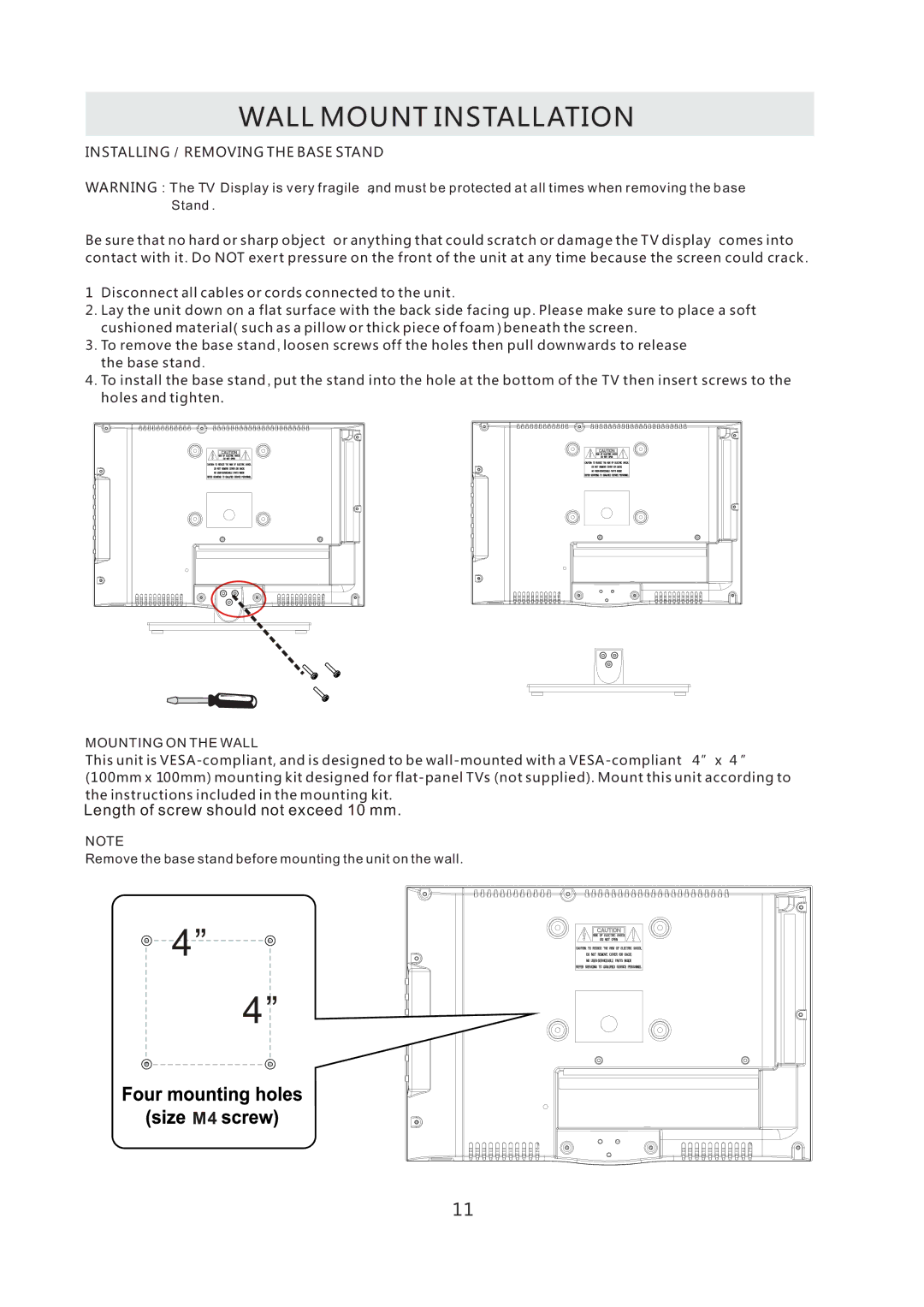 RCA RLED1530-WHITE instruction manual Wall Mount Installation, Installing / Removing the Base Stand 