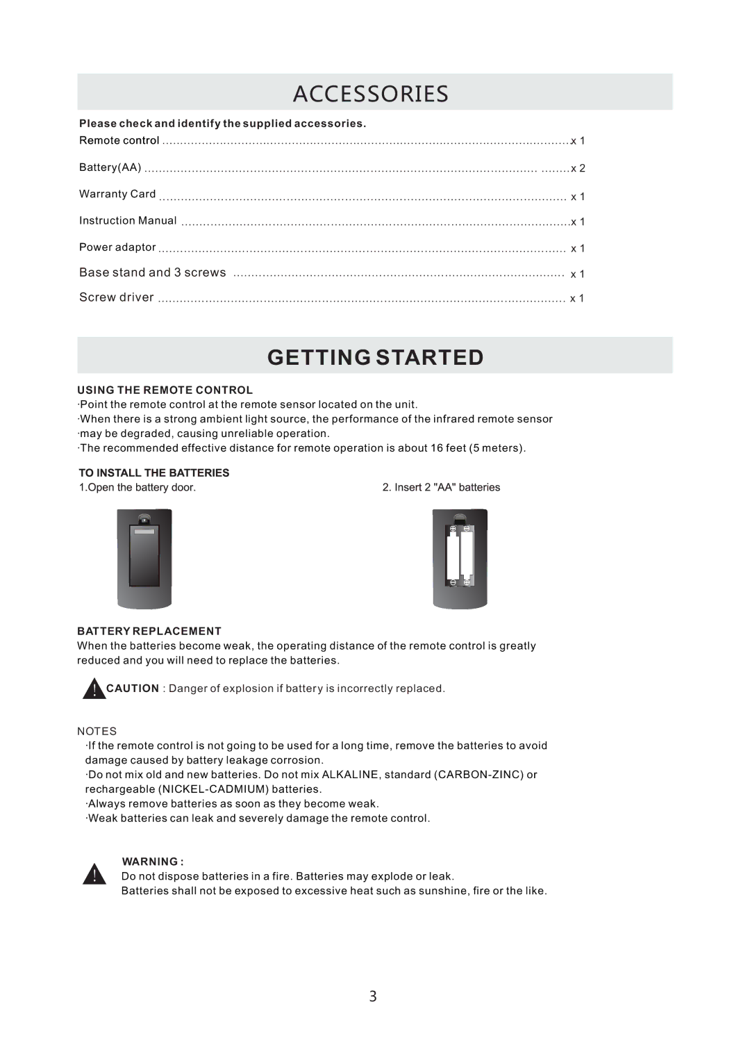 RCA RLED1530-WHITE instruction manual Accessories, Getting Started 