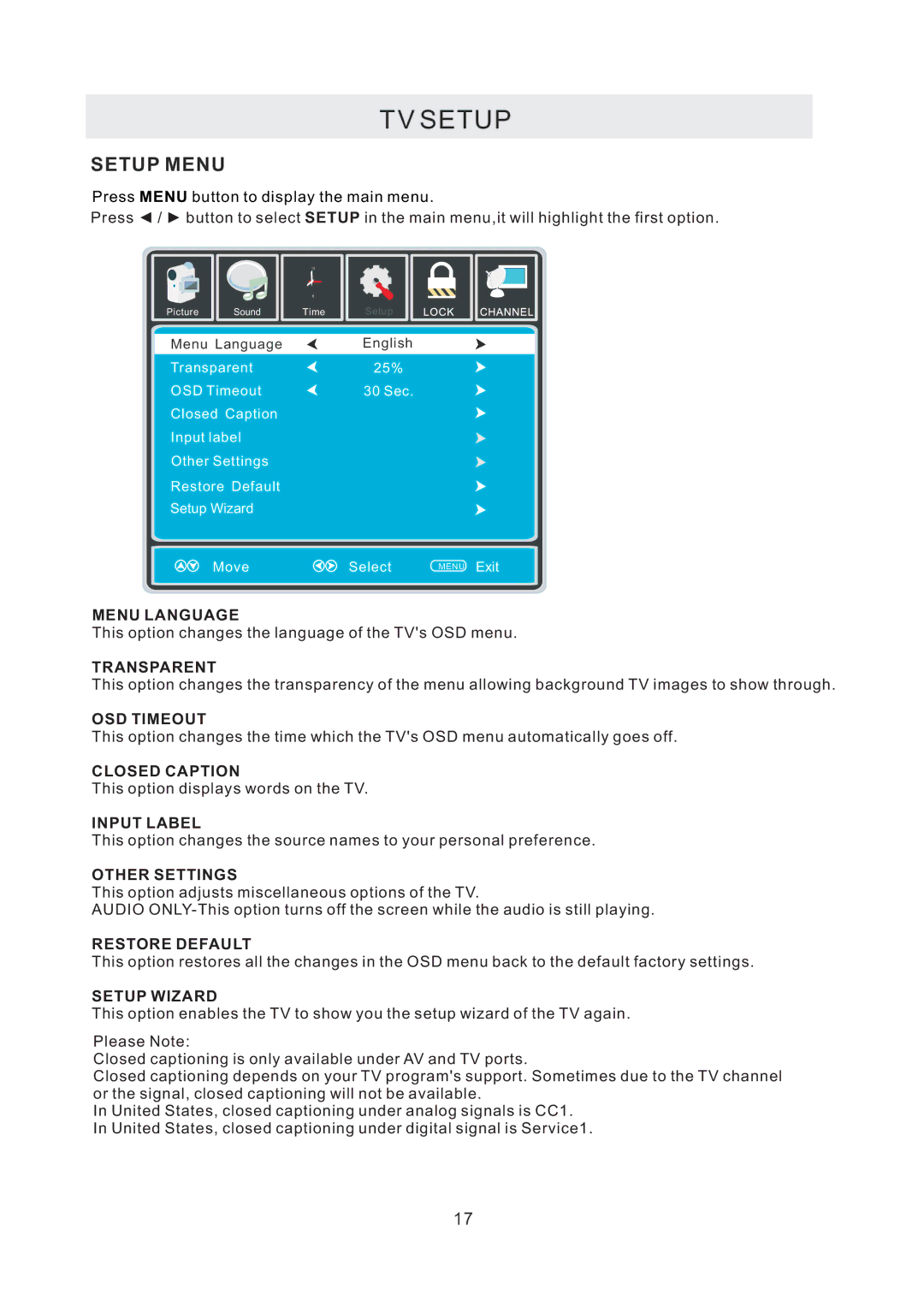 RCA RLED1530 manual Setup Menu 