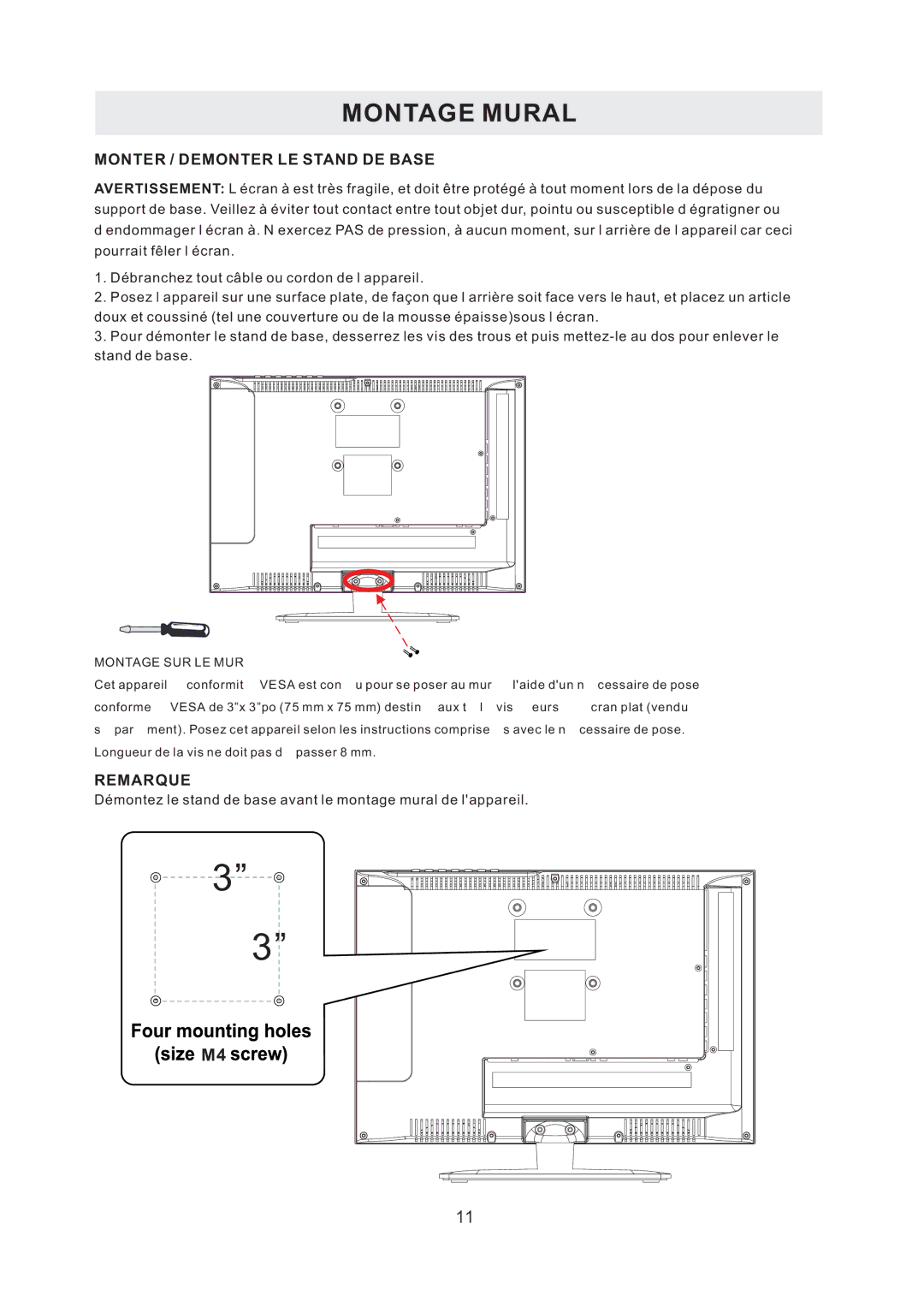 RCA RLED1530 manual Montage Mural, Monter / Demonter LE Stand DE Base 