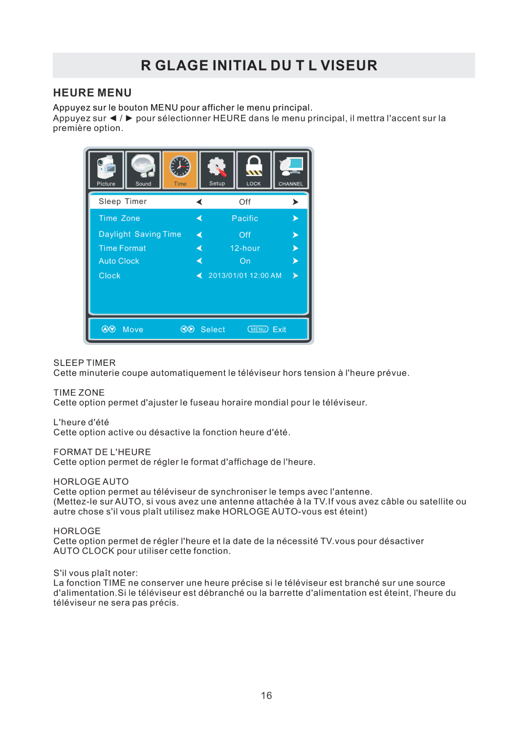 RCA RLED1530 manual Heure Menu, Time Zone 